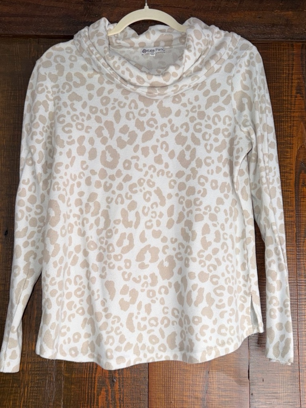 Kate Park Cream Leopard Cowl-Neck Long-Sleeve Top
